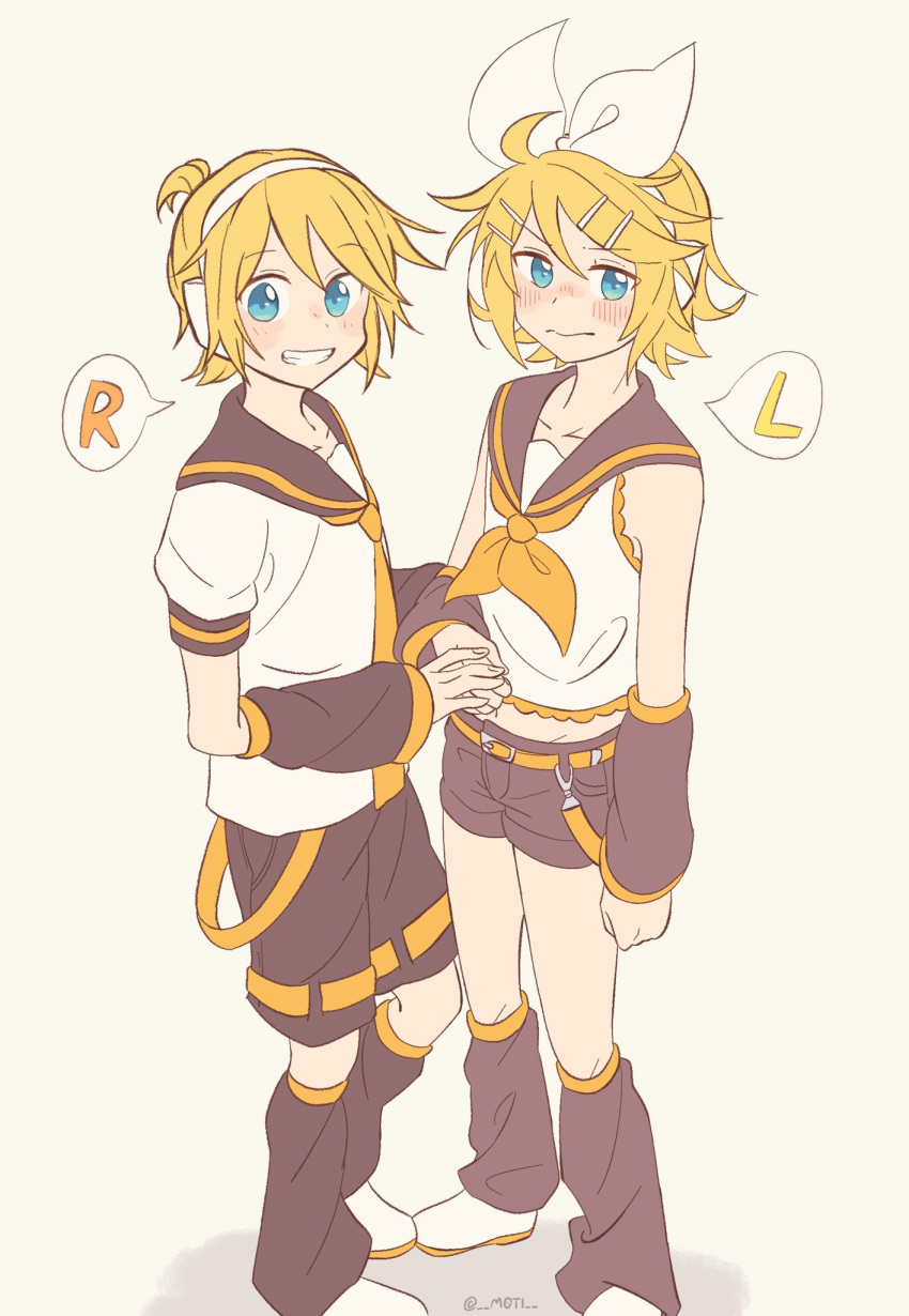 1boy 1girl alternate_hairstyle bangs bare_shoulders black_collar black_shorts black_sleeves blonde_hair blue_eyes blush bow closed_mouth collar collarbone commentary cosplay costume_switch crop_top detached_sleeves embarrassed full_body grin hair_bow hair_ornament hairclip hairstyle_switch headphones highres holding_hand kagamine_len kagamine_len_(cosplay) kagamine_rin kagamine_rin_(cosplay) leg_warmers looking_at_viewer m0ti neckerchief necktie open_mouth sailor_collar school_uniform shirt short_hair short_ponytail short_shorts short_sleeves shorts sleeveless sleeveless_shirt smile speech_bubble spiky_hair standing swept_bangs vocaloid white_bow white_shirt yellow_neckwear