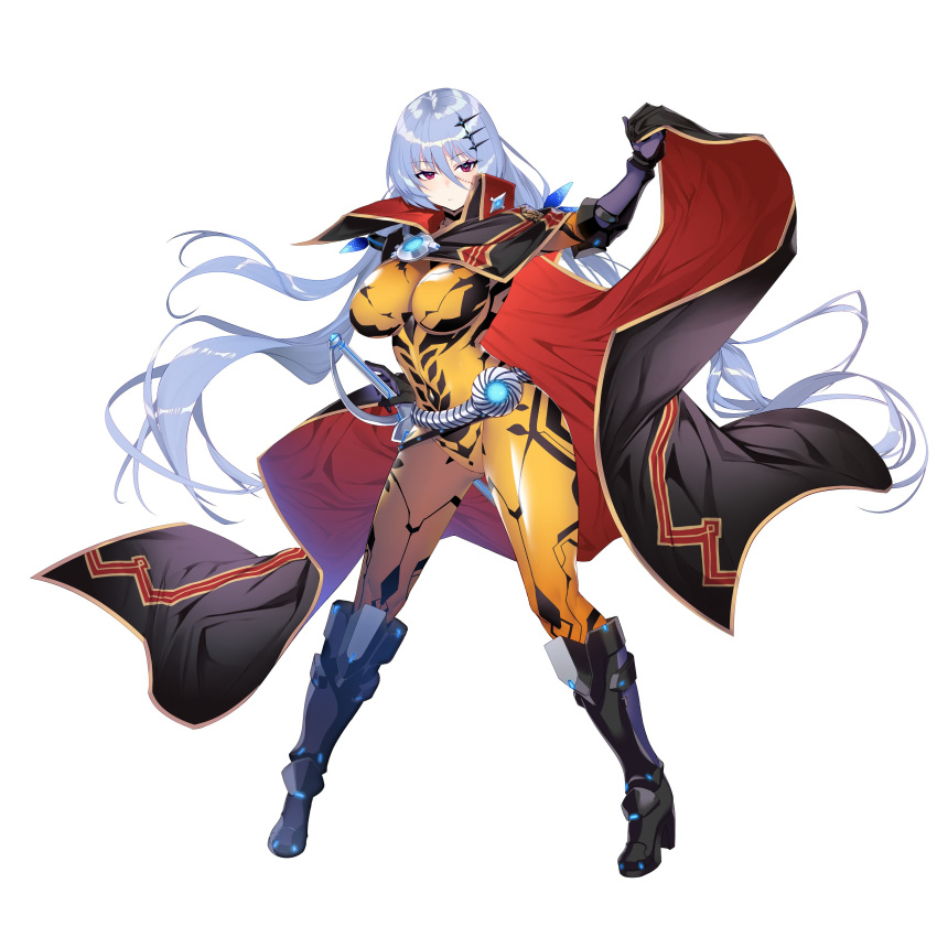 1girl absurdres black_gloves bodysuit boots breasts cape full_body gloves hamada_pochiwo highres large_breasts long_hair looking_at_viewer official_art silver_hair simple_background solo standing stitches sword very_long_hair weapon white_background yellow_bodysuit