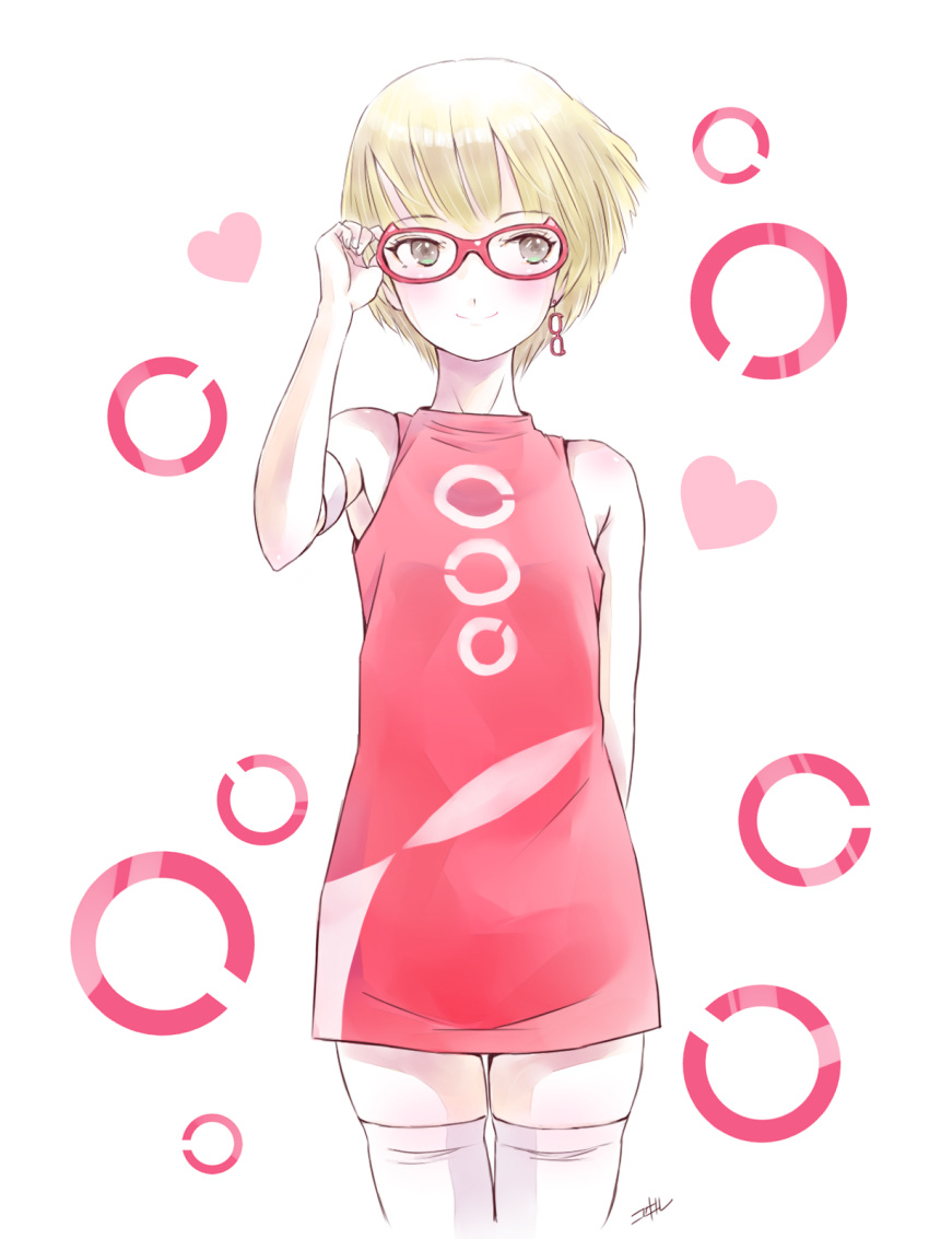 1girl adjusting_eyewear arm_strap bangs blonde_hair brown_eyes cowboy_shot cutie_pai dress earrings eyebrows_visible_through_hair highres jewelry kowiru looking_to_the_side mayu-chan_(cutie_pai) real_life red-framed_eyewear short_hair signature simple_background sleeveless smile solo standing