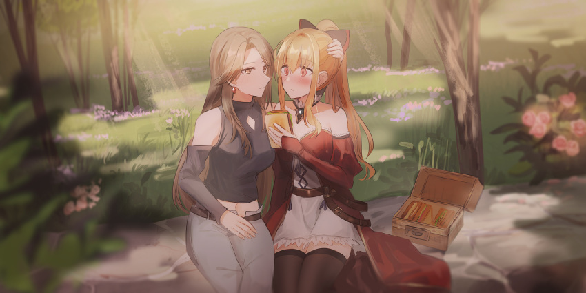 2girls bangs bare_shoulders belt black_belt black_bow black_shirt black_sleeves blanket blonde_hair blurry blurry_foreground blush bow brown_hair brown_legwear chihuri closed_mouth commentary_request day depth_of_field detached_sleeves dress earrings eyebrows_visible_through_hair flower food granblue_fantasy grey_pants hair_between_eyes hair_bow hand_on_another's_head high_ponytail highres holding holding_food jewelry juliet_sleeves katalina_aryze light_brown_hair long_hair long_sleeves multiple_girls nose_blush outdoors pants parted_bangs parted_lips pink_flower pink_rose ponytail puffy_sleeves purple_flower red_eyes red_sleeves rose sandwich shirt sitting sleeveless sleeveless_shirt sleeves_past_wrists smile thigh-highs very_long_hair vira_lilie white_dress yuri