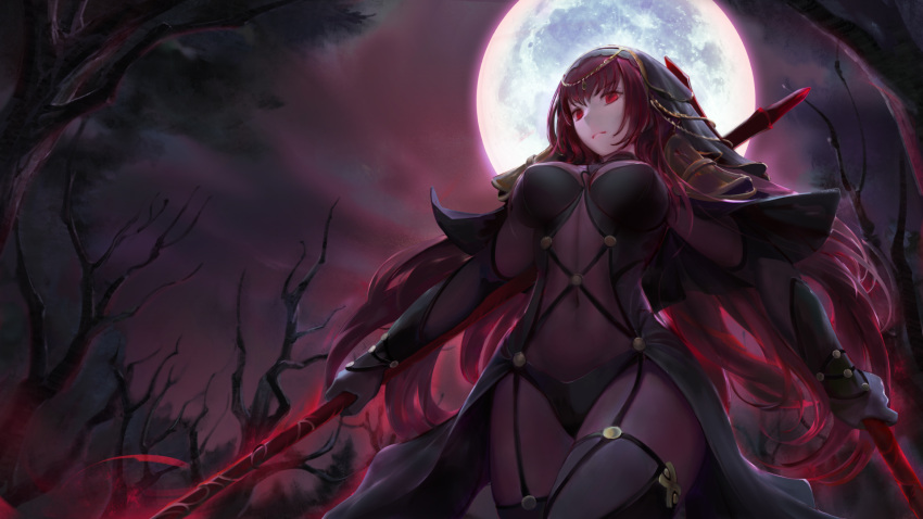 1girl bare_tree bodysuit breasts choseon covered_navel fate/grand_order fate_(series) full_moon gae_bolg hair_intakes highres holding holding_weapon large_breasts leotard long_hair moon night outdoors pauldrons polearm purple_bodysuit purple_hair purple_leotard red_eyes scathach_(fate)_(all) scathach_(fate/grand_order) shoulder_armor skin_tight spear tree weapon