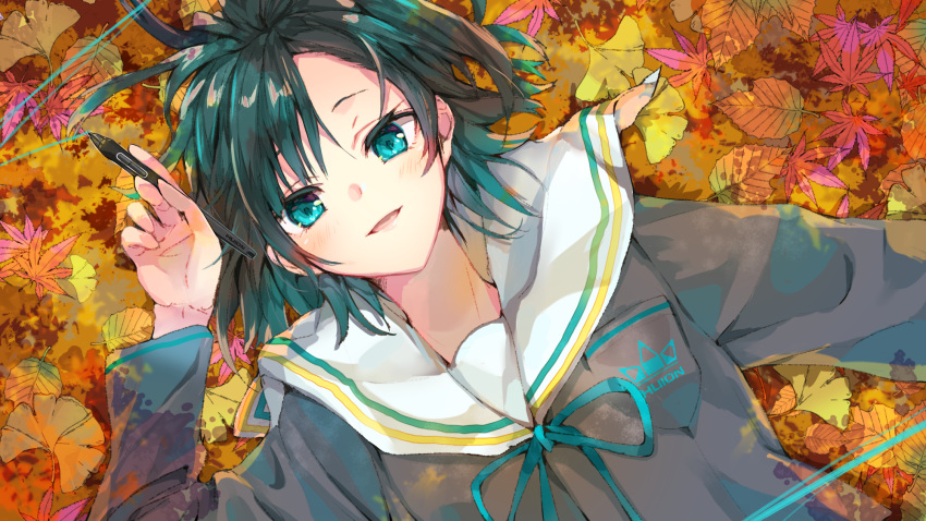 1girl arm_up autumn_leaves black_hair blue_eyes blue_hair blue_ribbon commentary_request dutch_angle grey_shirt highres holding holding_stylus huion leaf long_sleeves looking_at_viewer lying maple_leaf neck_ribbon on_back open_mouth original ribbon sailor_collar school_uniform serafuku shirt smile solo stylus tomozero white_sailor_collar