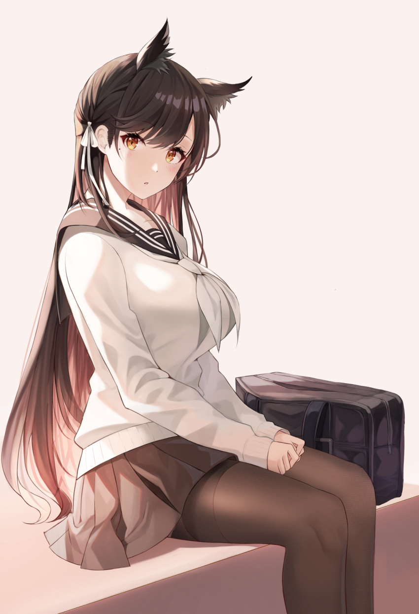 1girl absurdres animal_ear_fluff animal_ears atago_(azur_lane) atago_(school_daydream)_(azur_lane) azur_lane bag black_hair black_sailor_collar blush breasts brown_eyes brown_legwear brown_skirt duffel_bag hair_ribbon highres large_breasts long_hair long_sleeves looking_at_viewer miniskirt mole mole_under_eye neckerchief niji_(rudduf232) pantyhose parted_lips pleated_skirt ribbon sailor_collar school_uniform shirt sitting skirt solo thighband_pantyhose very_long_hair white_ribbon white_shirt