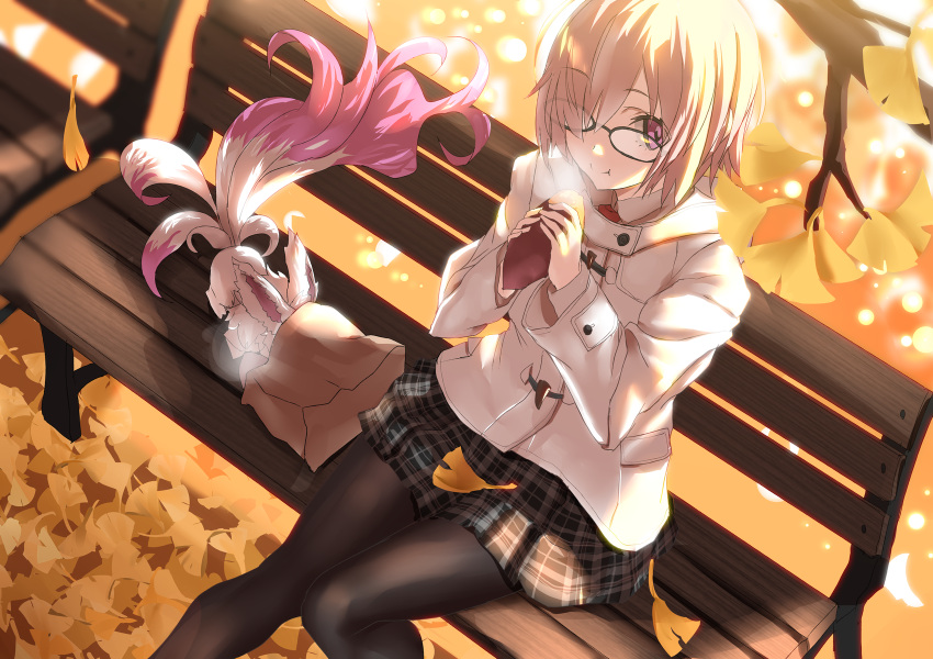 1girl autumn autumn_leaves bag bench black-framed_eyewear black_legwear black_skirt commentary_request creature eating eyebrows_visible_through_hair fate/grand_order fate_(series) feet_out_of_frame food fou_(fate/grand_order) from_above ginkgo_leaf glasses hair_over_one_eye highres holding holding_food long_sleeves looking_at_viewer looking_up mash_kyrielight miniskirt on_bench pantyhose park_bench pink_hair plaid plaid_skirt pleated_skirt short_hair sitting skirt steam sweet_potato tsuuhan violet_eyes white_coat