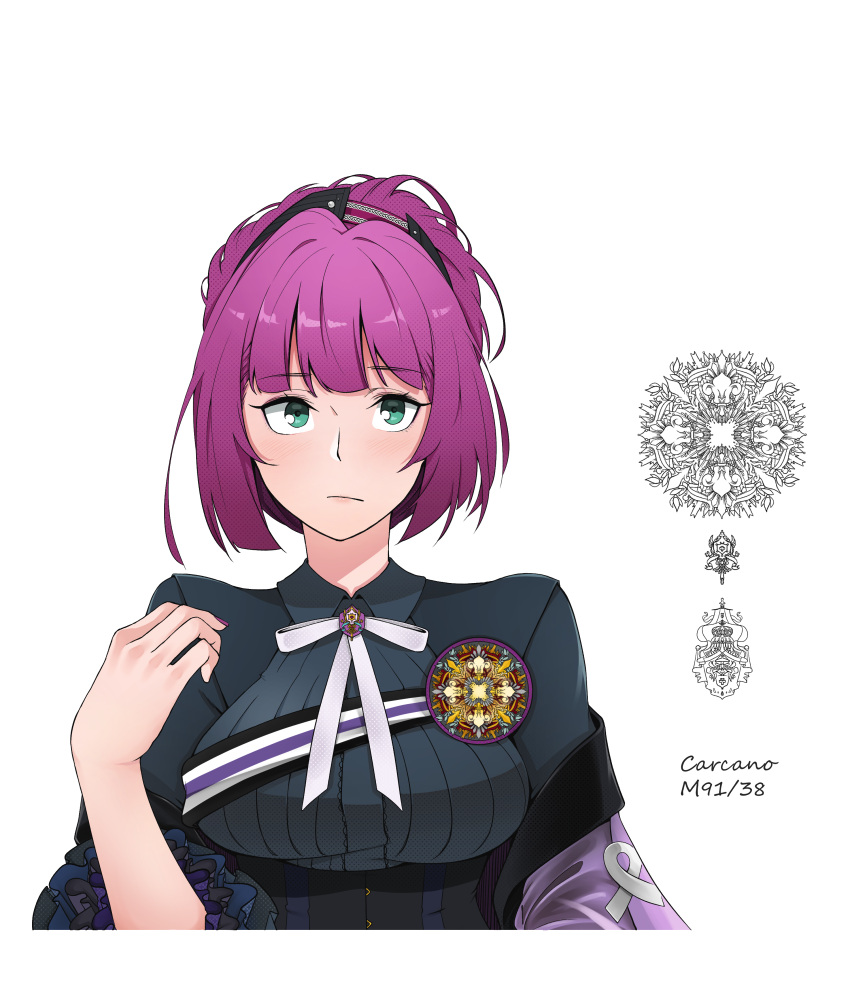 1girl absurdres breasts brooch carcano_m91/38_(girls_frontline) character_name commentary_request corset girls_frontline green_eyes hair_up hand_up highres jewelry kangsog korean_commentary medium_breasts medium_hair nail_polish off-shoulder_jacket purple_hair purple_nails ribbon ruffled_sleeves simple_background solo striped striped_ribbon upper_body white_background white_ribbon