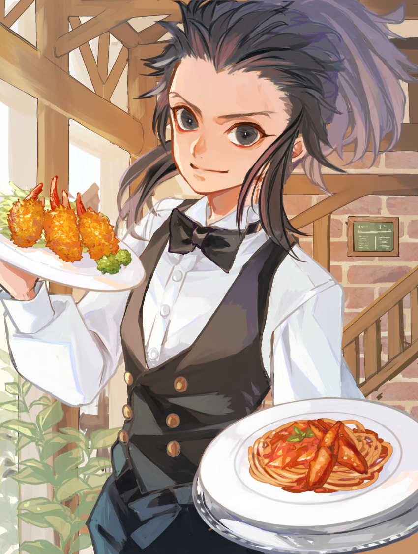 1boy absurdres black_bow black_eyes black_hair black_vest bow bowtie crab_claw dororo_(tezuka) food highres holding holding_plate holding_tray indoors long_hair long_sleeves looking_at_viewer male_focus mimimikan pasta plant plate potted_plant sidelocks sketch smile spaghetti standing tahoumaru tray vest water