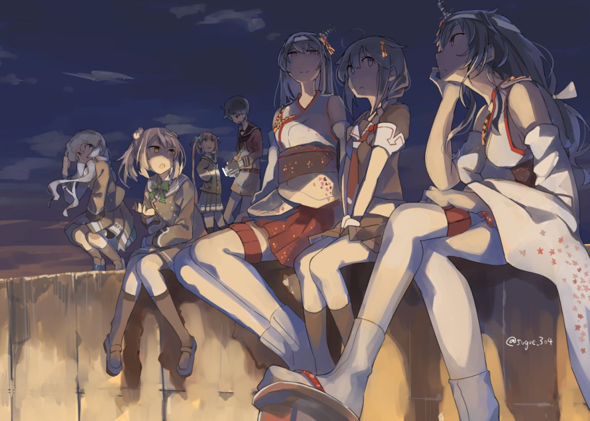 6+girls ahoge asagumo_(kantai_collection) bangs black_legwear braid breasts closed_mouth clouds detached_sleeves fusou_(kantai_collection) green_neckwear hair_flaps hair_ornament headband headgear japanese_clothes kantai_collection long_hair long_sleeves michishio_(kantai_collection) mogami_(kantai_collection) multiple_girls nontraditional_miko open_mouth outdoors pleated_skirt red_neckwear remodel_(kantai_collection) sailor_collar sandals school_uniform serafuku shigure_(kantai_collection) short_hair short_sleeves shorts single_braid sitting skirt sky smile socks squatting standing sugue_tettou twintails twitter_username wide_sleeves yamagumo_(kantai_collection) yamashiro_(kantai_collection)