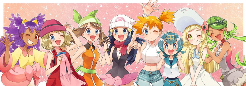 6+girls haruka_(pokemon) hikari_(pokemon) iris_(pokemon) kasumi_(pokemon) lillie_(pokemon) mallow_(pokemon) multiple_girls pokemon pokemon_(anime) sasairebun serena_(pokemon) suiren_(pokemon)
