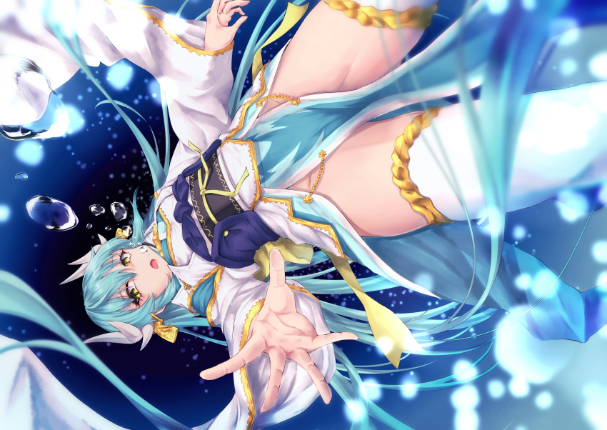 1girl absurdres air_bubble aqua_hair aqua_kimono bubble dragon_girl dragon_horns fate/grand_order fate_(series) highres horns japanese_clothes kimono kiyohime_(fate/grand_order) kuromu long_hair multiple_horns obi pelvic_curtain sash short_kimono sidelocks solo thigh-highs underwater white_legwear wide_sleeves yellow_eyes