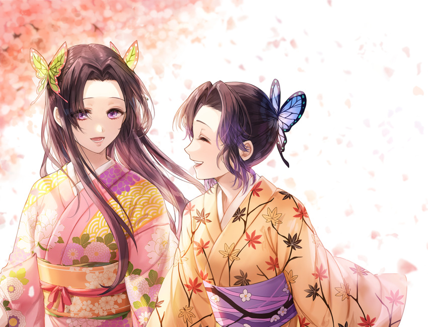 2girls :d ^_^ black_hair butterfly_hair_ornament cherry_blossoms closed_eyes commentary_request floral_print forehead hair_ornament japanese_clothes kim_eb kimetsu_no_yaiba kimono kochou_kanae kochou_shinobu leaf_print long_hair multiple_girls obi open_mouth petals pink_kimono print_kimono purple_hair red_ribbon ribbon sash short_hair smile upper_body violet_eyes yellow_kimono yukata