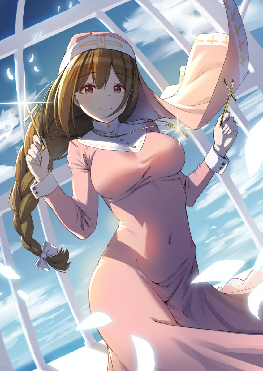 1girl amochin bangs blue_sky blush bow braid breasts brown_eyes brown_hair closed_mouth clouds commentary_request covered_navel cowboy_shot cross day dress dutch_angle eyebrows_visible_through_hair glint habit hair_bow highres holding idolmaster idolmaster_shiny_colors kuwayama_chiyuki large_breasts long_hair long_sleeves looking_at_viewer nun pink_dress rosary single_braid sky solo sunlight very_long_hair white_bow