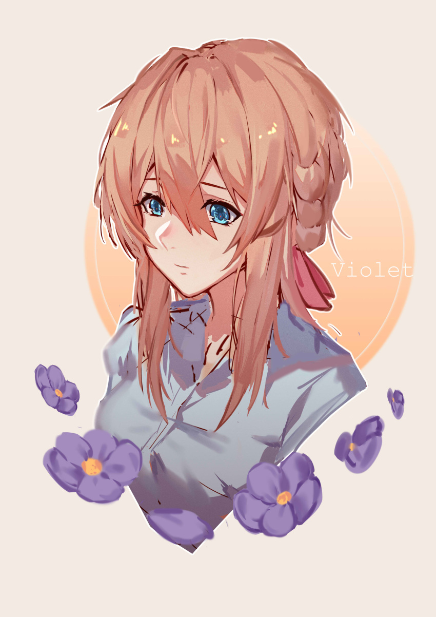 1girl absurdres bangs blonde_hair blue_eyes closed_mouth flower grey_background hair_between_eyes highres long_hair looking_to_the_side purple_flower simple_background solo sora_(zwz030) upper_body violet_evergarden violet_evergarden_(character)