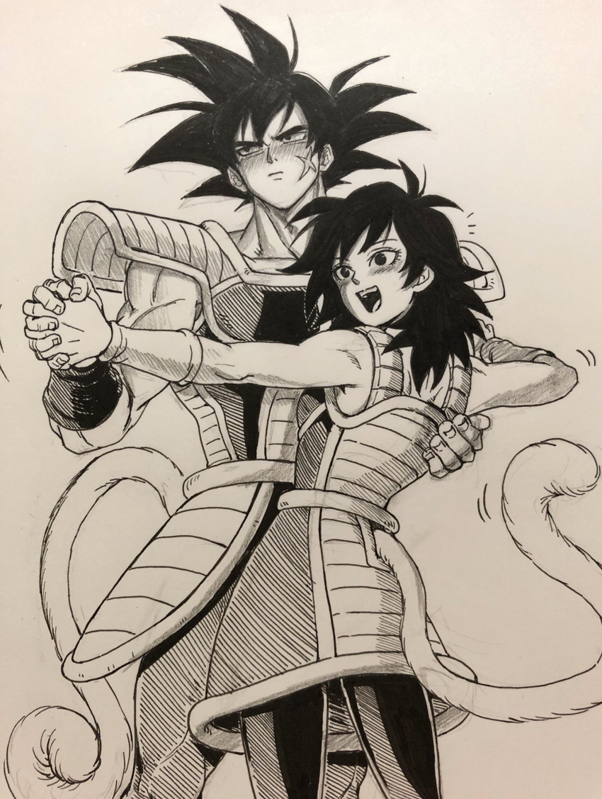 /\/\/\ 1boy 1girl :d armor bardock black_eyes black_hair black_legwear blush commentary couple dancing dragon_ball dragon_ball_minus embarrassed eyelashes facial_scar feet_out_of_frame fingernails gine hand_on_another's_back hands_clasped happy height_difference hetero highres interlocked_fingers looking_away monkey_tail muscle open_mouth own_hands_together pantyhose pectorals scar scar_on_cheek simple_background skirt smile spiky_hair standing surprised symbol_commentary tail teeth tongue upper_teeth white_background wristband yse5959