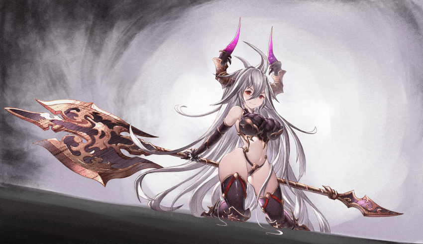 1girl axe bangs bikini black_bikini_bottom black_gloves black_legwear boots breasts closed_mouth draph elbow_gloves full_body gloves granblue_fantasy grey_hair hair_between_eyes high_heel_boots high_heels highres holding holding_weapon horns kneeling large_breasts long_hair looking_at_viewer navel red_eyes smile solo swimsuit thalatha_(granblue_fantasy) thigh-highs very_long_hair weapon