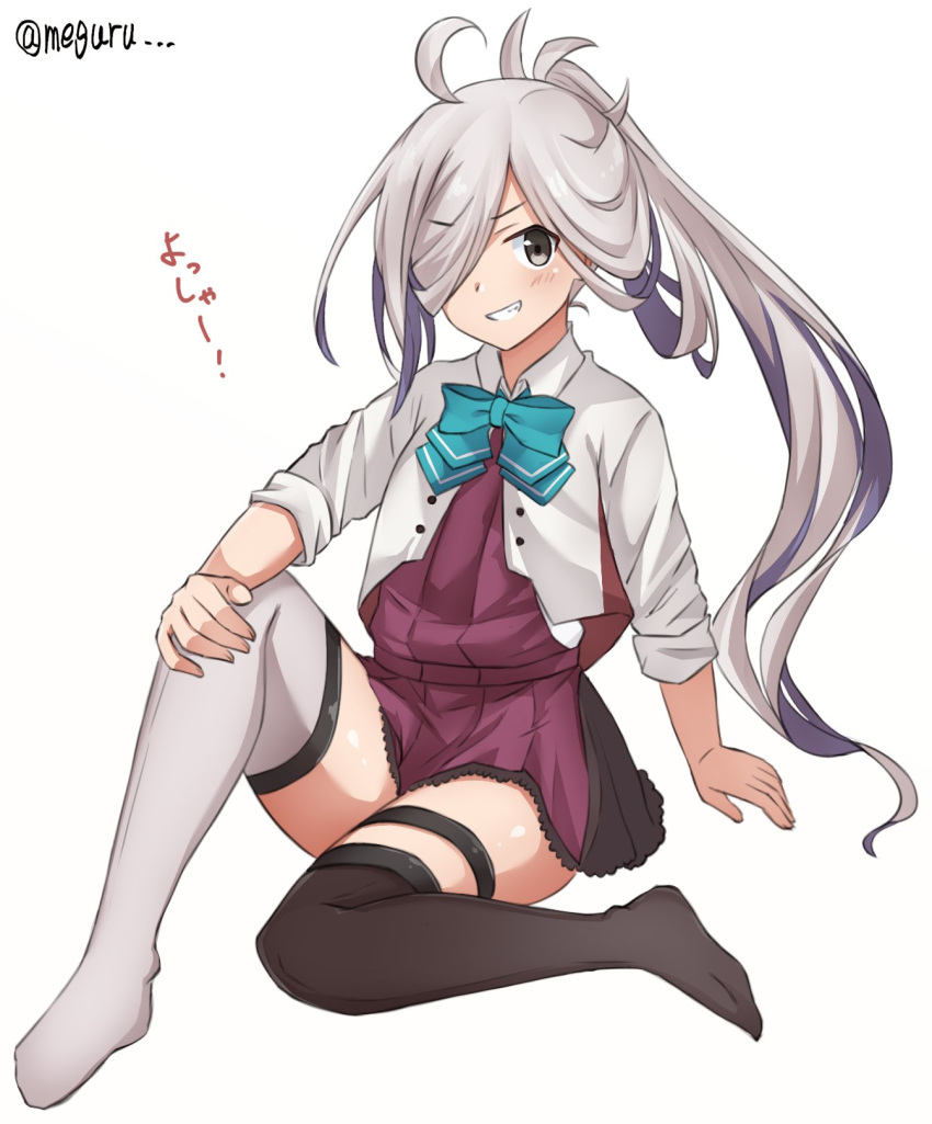 1girl ahoge artist_logo asashimo_(kantai_collection) black_legwear blazer eyebrows_visible_through_hair full_body grey_legwear grin hair_over_one_eye halterneck highres jacket kantai_collection long_hair looking_at_viewer meguru_(megurunn) mismatched_legwear ponytail remodel_(kantai_collection) school_uniform sharp_teeth silver_hair simple_background sleeves_rolled_up smile solo teeth thigh-highs twitter_username white_background