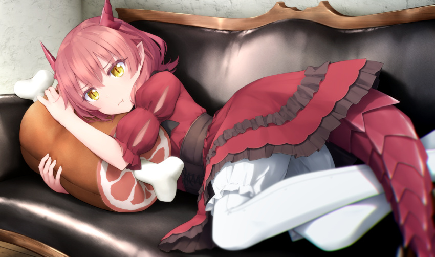 1girl :t bangs bloomers blurry blurry_foreground boned_meat brown_hair closed_mouth commentary_request couch depth_of_field dragon_girl dragon_horns dragon_tail dress eyebrows_visible_through_hair fafnir_guildmelag_linda_blair_hanako food frilled_dress frills hair_between_eyes haribote_(tarao) horns indoors kemonomichi looking_at_viewer lying meat object_hug on_couch on_side pantyhose pout puffy_short_sleeves puffy_sleeves red_dress short_sleeves slit_pupils solo stuffed_toy tail underwear white_bloomers white_legwear yellow_eyes