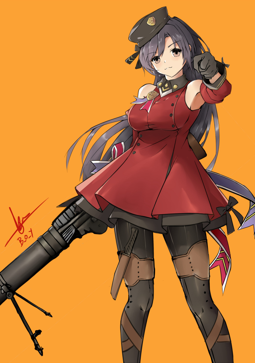 1girl absurdres armpits b_o_y beret bipod black_bow black_hair black_legwear bow brown_eyes closed_mouth cowboy_shot detached_sleeves dress girls_frontline gun hat hat_bow highres knife legs lewis_(girls_frontline) lewis_gun long_hair machine_gun medal orange_background pantyhose petticoat pointing pointing_at_viewer red_dress sheath signature simple_background solo striped striped_legwear vertical-striped_legwear vertical_stripes very_long_hair weapon