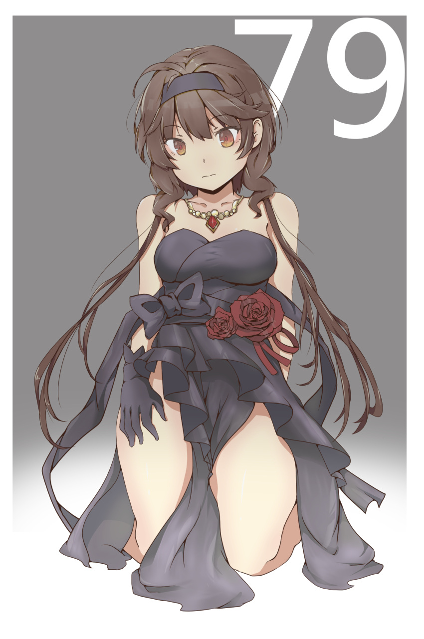 1girl alternate_costume alternate_hairstyle arm_behind_back bare_shoulders black_bow black_gloves blue_bow blue_dress bow breasts brown_eyes brown_hair buffetfc character_name closed_eyes collarbone dress flower gem girls_frontline gloves gold_necklace gradient gradient_background grey_background hair_up hairband hand_on_thigh highres jewelry kneeling knees long_hair looking_down necklace red_ribbon ribbon rose small_breasts solo strapless strapless_dress thighs type_79_(girls_frontline) very_long_hair