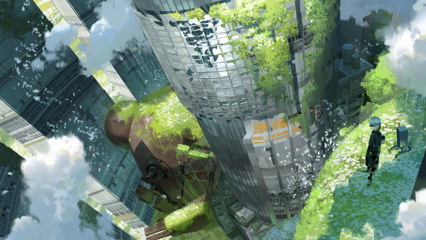 1boy black_blindfold black_legwear black_shorts blindfold boots building city clouds commentary_request from_above grass long_sleeves male_focus nier_(series) nier_automata outdoors overgrown robot sawana scenery shade shorts silver_hair skyscraper standing thigh-highs white_hair yorha_no._9_type_s