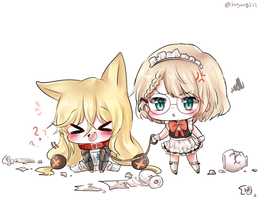 &gt;_&lt; 2girls anger_vein animal_ears annoyed blonde_hair broken chibi closed_eyes collar commentary_request g36_(girls_frontline) g41_(girls_frontline) girls_frontline glasses highres honyang korean_commentary leash maid multiple_girls vase