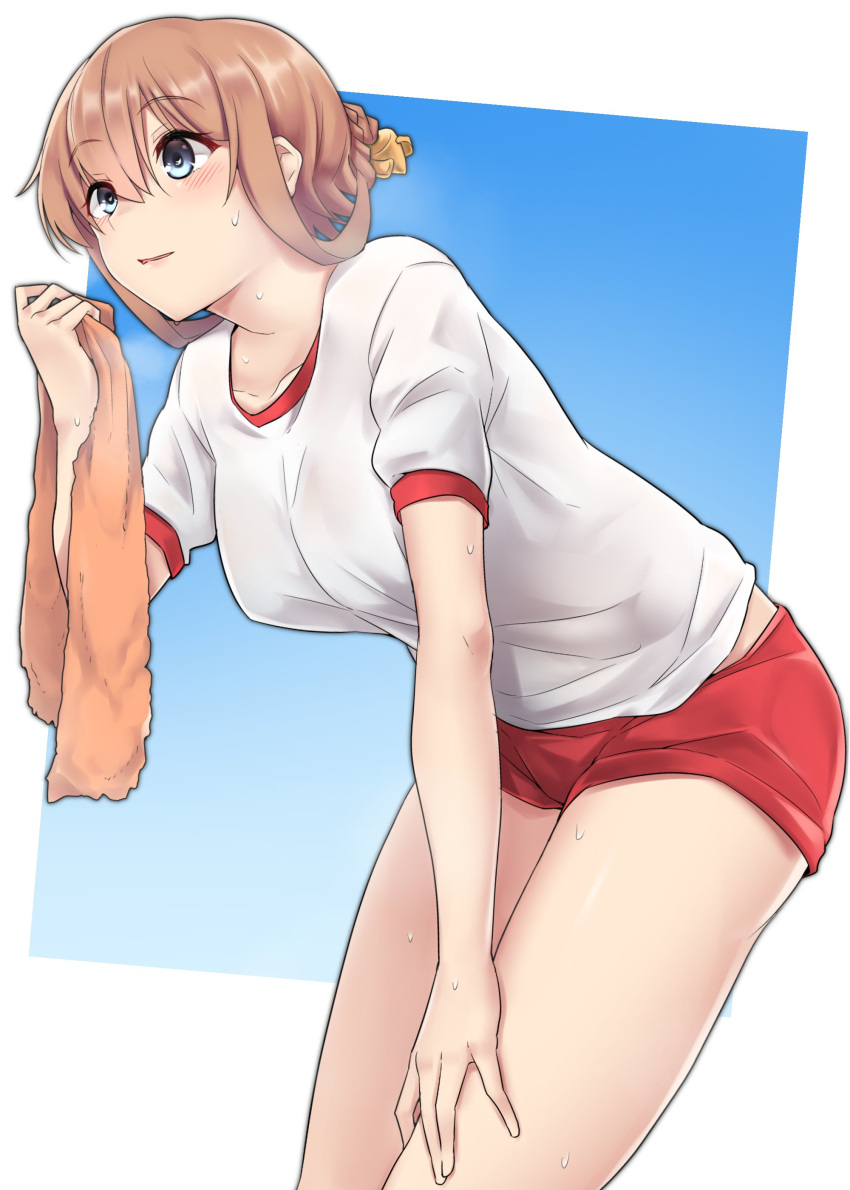 absurdres braid breasts buruma gym_uniform hair_ornament highres kantai_collection kiritto large_breasts leaning_forward light_brown_hair propeller_hair_ornament shirt short_sleeves sweat teruzuki_(kantai_collection) tied_hair towel