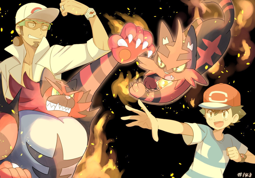 2boys gen_7_pokemon highres incineroar kukui_(pokemon) mei_(maysroom) multiple_boys pokemon pokemon_(anime) pokemon_sm_(anime) satoshi_(pokemon) torracat