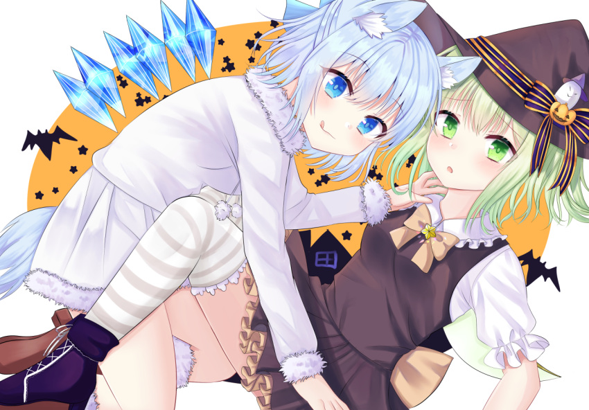 2girls :q alternate_costume animal_ears ankle_boots arm_up bangs bat black_footwear black_skirt black_vest blue_eyes blue_hair blush boots bow bowtie brown_footwear cat_ears cat_tail cirno commentary_request daiyousei eyebrows_visible_through_hair fur-trimmed_footwear fur-trimmed_shirt fur-trimmed_skirt ghost_hair_ornament green_eyes green_hair hair_between_eyes hair_bow hair_ornament halloween halloween_costume hat high_heel_boots high_heels horizontal_stripes jack-o'-lantern jack-o'-lantern_hair_ornament kneeling looking_at_viewer lying multiple_girls nibosisuzu on_back orange_background parted_lips petticoat pink_neckwear puffy_short_sleeves puffy_sleeves ribbon shirt short_hair short_sleeves side_ponytail skirt star striped striped_legwear striped_ribbon tail thigh-highs tongue tongue_out touhou vest white_shirt wings witch_hat