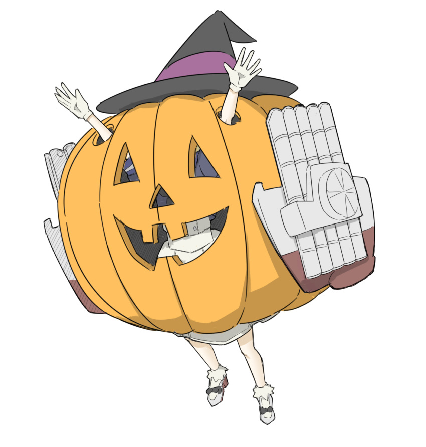 1girl anzio_hime anzio_hime_(cosplay) arms_up bigkwl commentary cosplay dress gloves halloween hat highres jack-o'-lantern janus_(kantai_collection) kantai_collection torpedo_tubes white_dress white_gloves witch_hat
