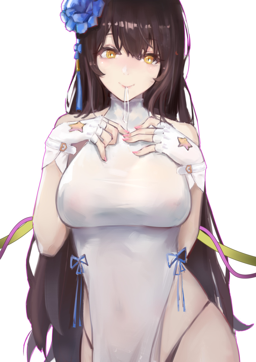 1girl absurdres alternate_costume alternate_hairstyle black_hair blue_flower blush breasts bridal_gauntlets china_dress chinese_clothes closed_mouth commentary covered_navel dress eyebrows_visible_through_hair flower girls_frontline gloves hair_ornament highres large_breasts long_hair looking_at_viewer moli_moqi pelvic_curtain qbz-95_(girls_frontline) very_long_hair white_dress yellow_eyes