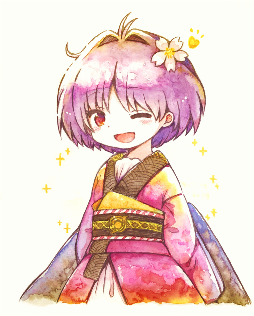 1girl 23_(candy_chapus) blush cherry_blossoms commentary_request eyebrows_visible_through_hair flower hair_flower hair_ornament heart highres japanese_clothes kimono looking_at_viewer obi one_eye_closed open_mouth purple_hair purple_kimono red_eyes sash short_hair simple_background smile solo sparkle sukuna_shinmyoumaru touhou traditional_media upper_body watercolor_(medium) white_background