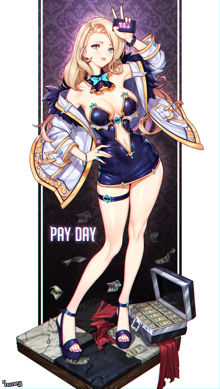 1girl absurdres artist_name bare_shoulders blonde_hair breasts cellphone choney commentary full_body highres holding holding_cellphone holding_phone jacket large_breasts looking_at_viewer money office_lady original phone pink_nails solo standing suitcase v white_jacket
