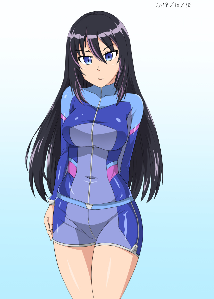 1girl aoi_misa black_hair blue_eyes blush breasts closed_mouth collarbone covered_navel dated eyebrows_visible_through_hair gradient gradient_background highres kandagawa_jet_girls large_breasts long_hair looking_at_viewer rururu_ichigo shiny shiny_clothes shiny_hair shiny_skin shorts simple_background solo standing wetsuit