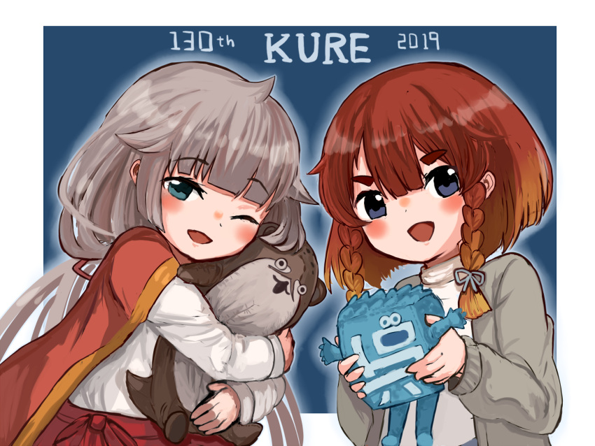 2girls animal bangs blunt_bangs blush bokukawauso braid dot_nose english_text etorofu_(kantai_collection) eyebrows_visible_through_hair gradient_hair hair_between_eyes holding holding_stuffed_animal jacket kantai_collection light_brown_hair long_hair long_sleeves low_twintails mascot mikura_(kantai_collection) multicolored_hair multiple_girls one_eye_closed open_mouth redhead short_hair skirt stuffed_animal stuffed_toy twin_braids twintails upper_body wss_(nicoseiga19993411)