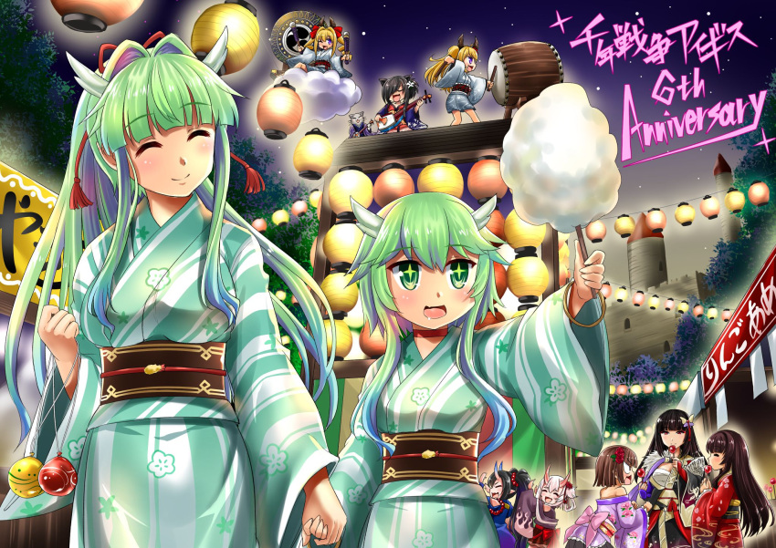 +_+ 6+girls anniversary bangs black_hair blunt_bangs bow brown_hair candy_apple character_request closed_eyes clouds cotton_candy festival floral_print food fuuko_(sennen_sensou_aigis) green_eyes green_hair green_kimono hair_bow hair_intakes hair_ornament hair_over_one_eye highres horns instrument japanese_clothes kasumi_(sennen_sensou_aigis) kimono kuuko_(sennen_sensou_aigis) lantern multiple_girls night night_sky one_eye_closed onibahime_(sennen_sensou_aigis) paper_lantern purple_kimono ramii_(sennen_sensou_aigis) red_bow red_eyes red_kimono red_ribbon remii ribbon rindou_(sennen_sensou_aigis) sennen_sensou_aigis shamisen sidelocks sky standing taiko_drum tsubakiyama_parry water_balloon water_yoyo yukata