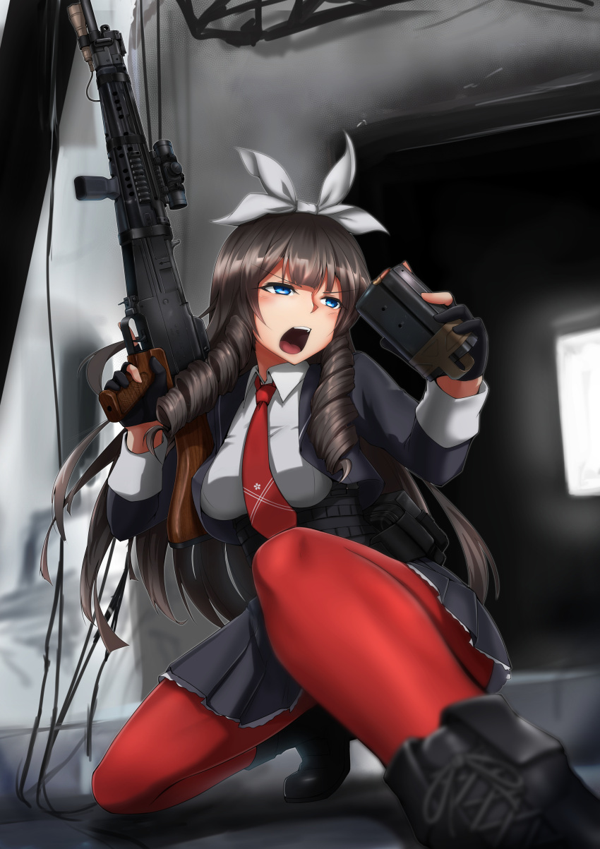 1girl absurdres battle_rifle black_footwear black_gloves blue_eyes blurry boots bow brown_hair cable commentary_request cropped_jacket depth_of_field drill_hair drill_locks girls_frontline gloves gun hair_bow highres holding holding_gun holding_weapon howa_type_64 howa_type_64_(girls_frontline) indoors jacket kneeling knees legs long_hair looking_to_the_side magazine_(weapon) necktie open_clothes open_jacket pantyhose partly_fingerless_gloves red_legwear reloading ribbon rifle school_uniform sekino_takehiro shooting_gloves shouting sidelocks solo tactical_clothes trigger_discipline weapon white_ribbon