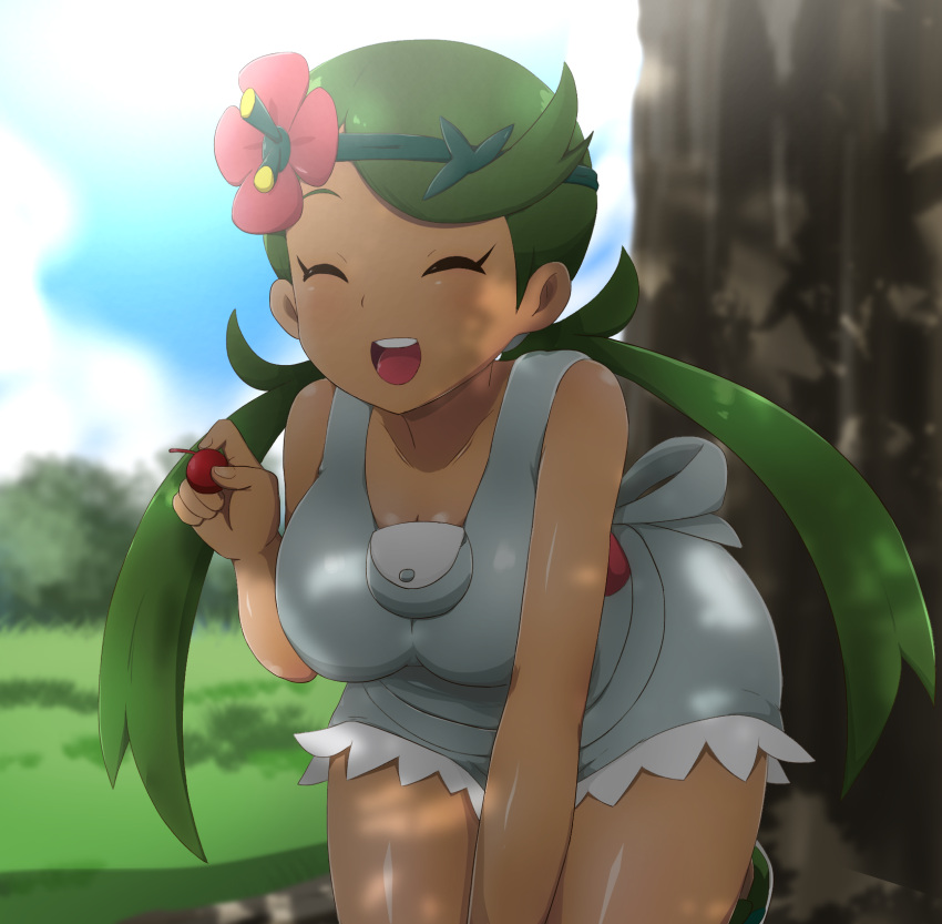 1girl blue_sky breasts cherry closed_eyes clouds commentary_request dark_skin day flower food fruit grass green_hair hair_flower hair_ornament happy highres holding holding_food holding_fruit leaning_forward mallow_(pokemon) medium_breasts open_mouth outdoors overalls pokemon pokemon_(game) pokemon_sm robert_m sky sleeveless solo teeth tree tree_shade twintails