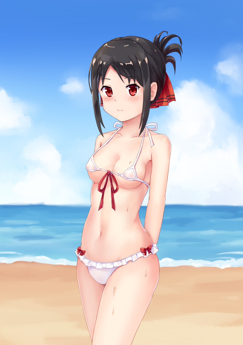 a6108200 absurdres bare_shoulders beach bikini black_hair blush breasts collarbone commentary_request hair_ornament hair_ribbon highres kaguya-sama_wa_kokurasetai_~tensai-tachi_no_renai_zunousen~ medium_breasts medium_hair micro_bikini outdoors red_ribbon revision ribbon shinomiya_kaguya smile swimsuit water white_bikini