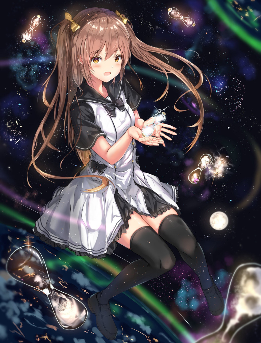 1girl bangs black_bow black_footwear black_skirt blurry blush bow bowtie brown_hair collarbone depth_of_field dress eyebrows_visible_through_hair eyes_visible_through_hair floating frilled_skirt frills galaxy hair_bow hair_ornament highres holding hourglass lens_flare loafers long_hair looking_at_viewer moon na_kyo nebula neckerchief open_mouth original planet sailor_collar sailor_dress shoes short_sleeves skindentation skirt smile solo space star thigh-highs twintails white_dress yellow_bow yellow_eyes zettai_ryouiki