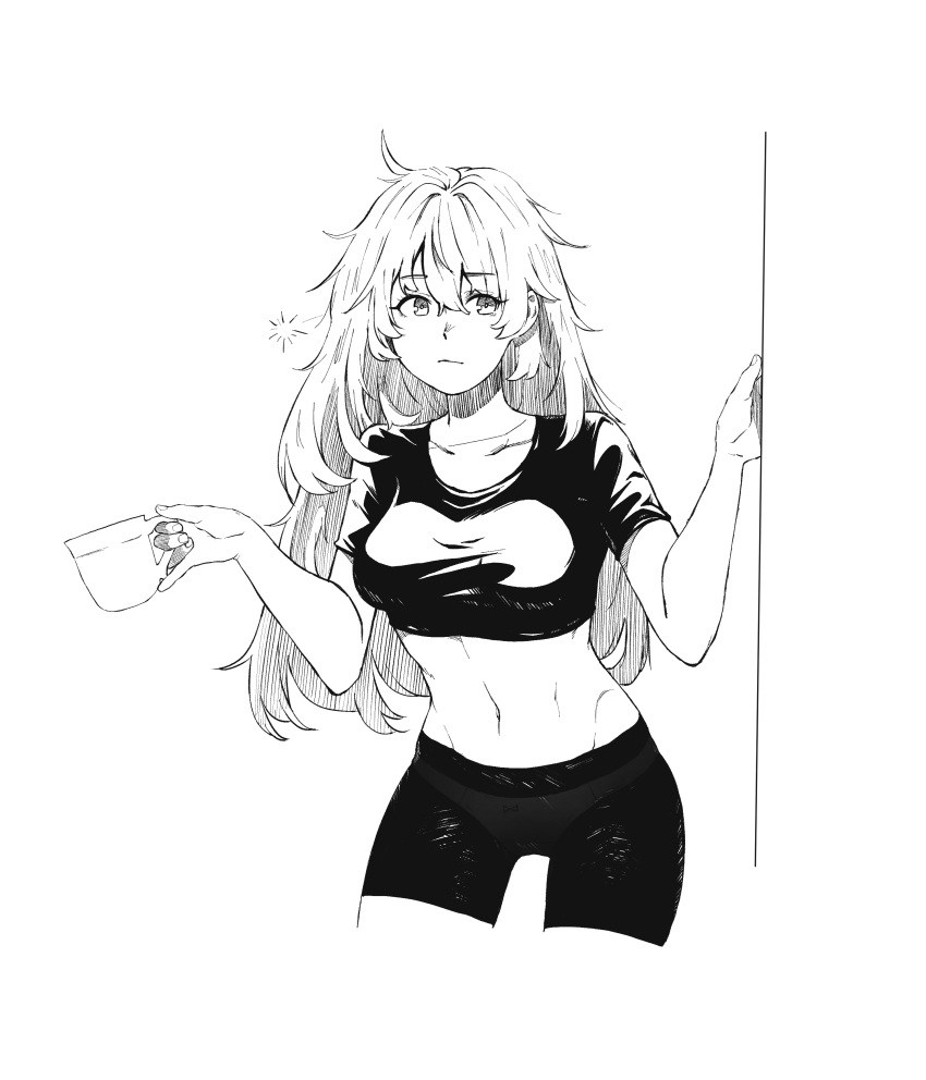 1girl absurdres alternate_costume bike_shorts casual closed_mouth coffee_cup collarbone crop_top cup disposable_cup eyelashes facing_viewer girls_frontline hand_on_wall highres hip_focus holding holding_cup kangsog long_hair looking_to_the_side messy_hair midriff monochrome navel pinky_out s.a.t.8_(girls_frontline) shirt sketch solo taut_clothes taut_shirt thighs tired waking_up wall
