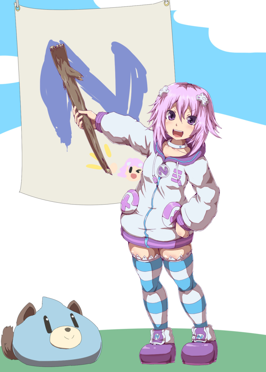 1girl blush crown495 d-pad d-pad_hair_ornament from_side full_body hair_ornament highres hood hood_down hooded_jacket jacket looking_at_viewer neptune_(neptune_series) neptune_(series) panties purple_hair short_hair short_hair_with_long_locks solo striped striped_panties underwear violet_eyes