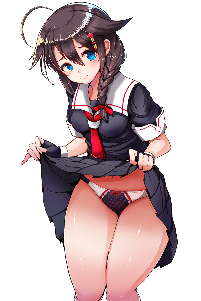 1girl 51_(akiduki) absurdres black_hair blue_eyes blush braid breasts brown_hair closed_mouth fingerless_gloves gloves hair_between_eyes hair_flaps hair_ornament hair_over_shoulder hair_ribbon highres kantai_collection lifted_by_self long_hair looking_at_viewer multicolored multicolored_clothes multicolored_panties neckerchief open_mouth panties pleated_skirt remodel_(kantai_collection) ribbon school_uniform serafuku sexually_suggestive shigure_(kantai_collection) simple_background single_braid skirt small_breasts smile solo thighs underwear white_background