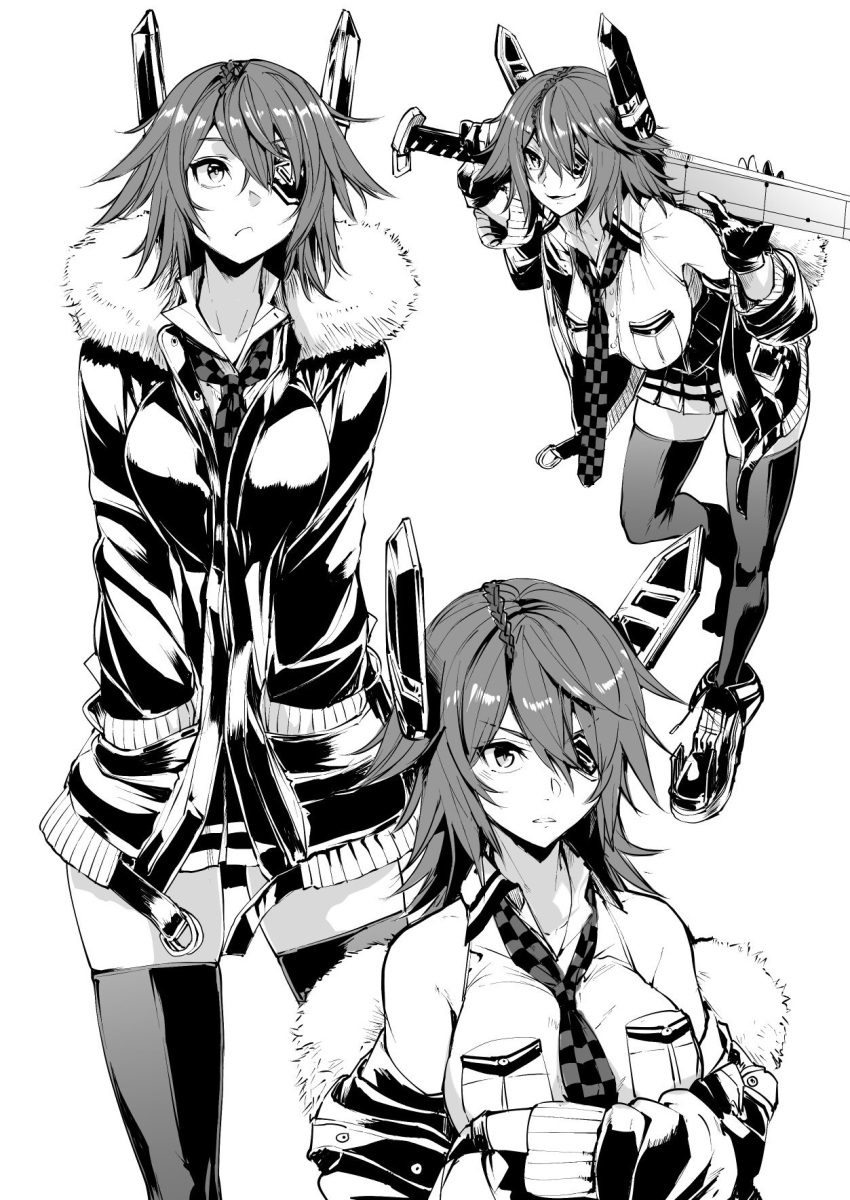 1girl breast_pocket checkered checkered_neckwear closed_mouth collared_shirt eyebrows_visible_through_hair eyepatch fur-trimmed_jacket fur_trim gloves greyscale highres holding holding_sword holding_weapon ifuji_shinsen jacket kantai_collection long_sleeves looking_at_viewer monochrome multiple_views necktie parted_lips partly_fingerless_gloves pocket shirt short_hair sketch sleeveless sword tenryuu_(kantai_collection) thigh-highs weapon
