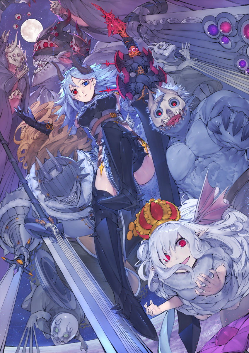 2girls 6+boys absurdres armor blonde_hair blue_eyes blue_hair closed_mouth extra_eyes gauntlets greaves helmet heterochromia highres holding holding_sword holding_weapon horns huge_filesize long_hair mask moon multiple_boys multiple_girls muscle night night_sky open_mouth original pointy_ears red_eyes scar scar_across_eye skull skull_mask sky smile star_(sky) starry_sky sword takeno_(hashi_falcon) violet_eyes weapon white_hair wings