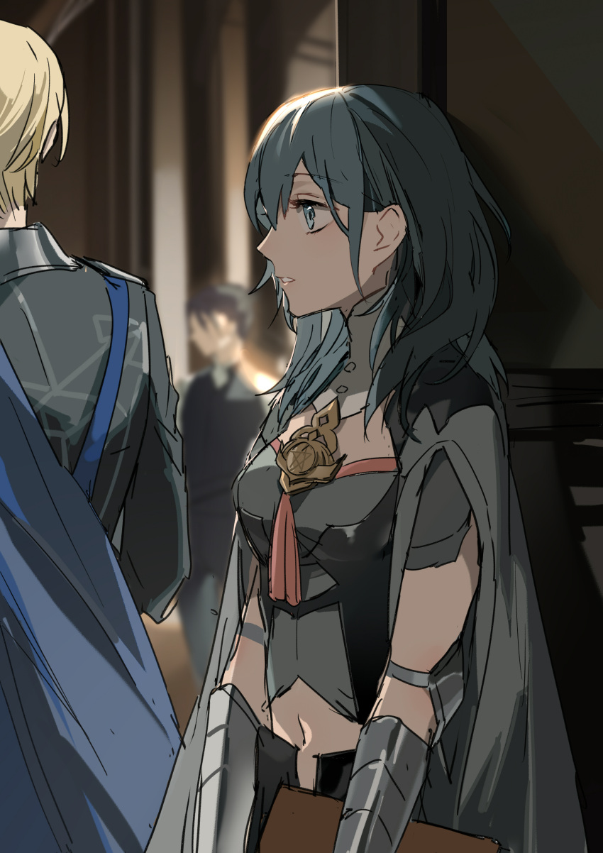 1girl 2boys absurdres bangs black_hair black_pants black_shirt blonde_hair blue_eyes blue_hair blurry blurry_background breasts byleth_(fire_emblem) byleth_eisner_(female) depth_of_field dimitri_alexandre_blaiddyd eyebrows_visible_through_hair fire_emblem fire_emblem:_three_houses hair_between_eyes highres indoors long_hair multiple_boys navel pants profile shirt short_sleeves small_breasts solo_focus vambraces zhibuji_loom