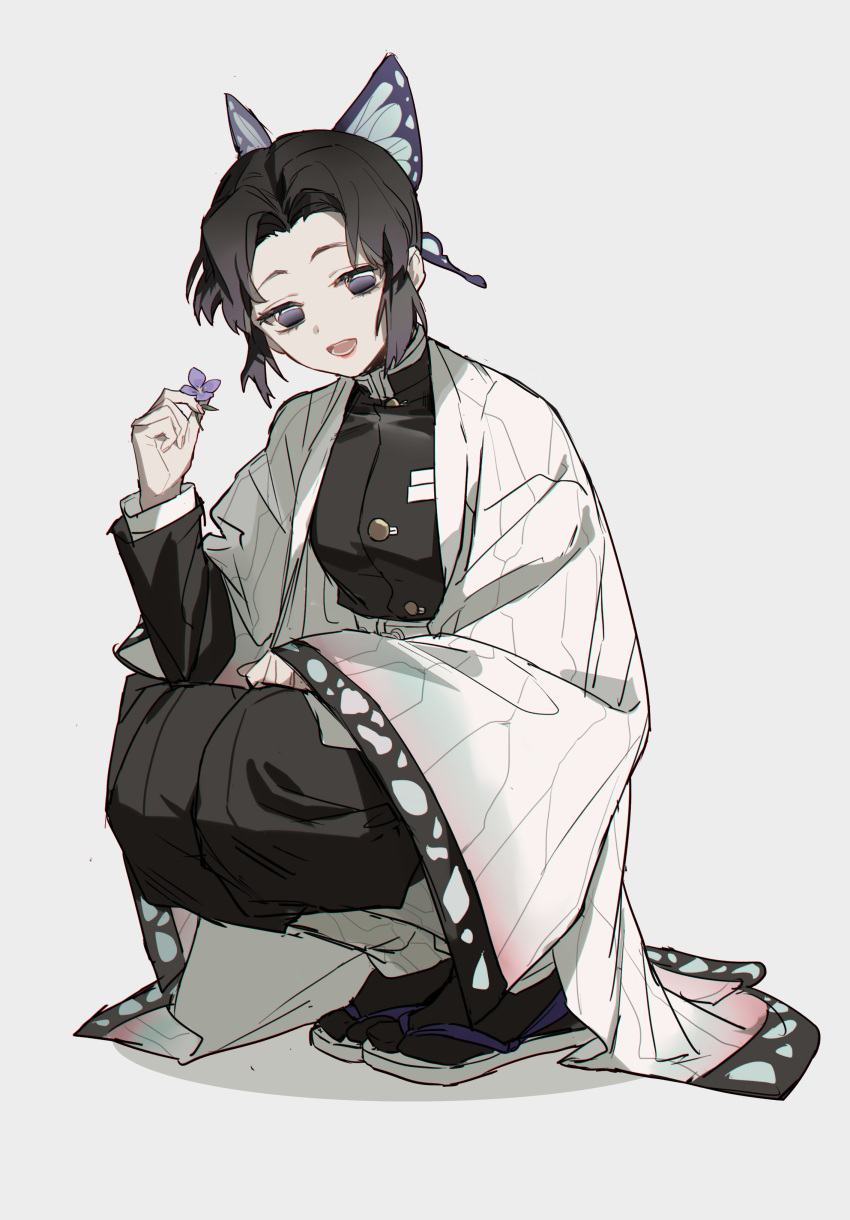 1girl :d absurdres bangs black_hair black_jacket black_legwear black_pants butterfly_hair_ornament fingernails flower forehead full_body gradient_hair grey_background hair_ornament highres holding holding_flower jacket kimetsu_no_yaiba kochou_shinobu long_sleeves looking_at_viewer multicolored_hair nail_polish open_clothes open_mouth pants parted_bangs pink_nails purple_flower purple_hair shadow sleeves_past_wrists smile solo squatting violet_eyes white_footwear wide_sleeves zhibuji_loom zouri