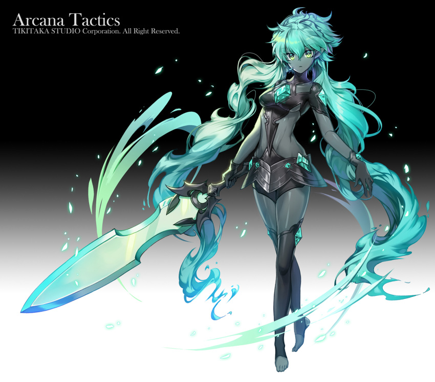 1girl apple_caramel aqua_hair arcana_tactics black_legwear breasts company_name copyright_name full_body gem gradient green_eyes grey_skin hair_between_eyes highres holding holding_sword holding_weapon long_hair looking_at_viewer midriff official_art simple_background small_breasts solo standing sword twintails very_long_hair watermark weapon