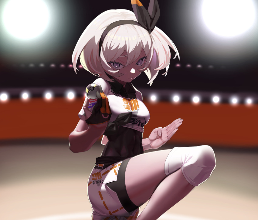 1girl covered_navel fighting_stance gloves gym_leader hairband highres leg_up looking_at_viewer midriff pointing pointing_at_viewer poke_ball pokemon pokemon_(game) pokemon_swsh saitou_(pokemon) short_shorts shorts single_glove solo sportswear white_hair