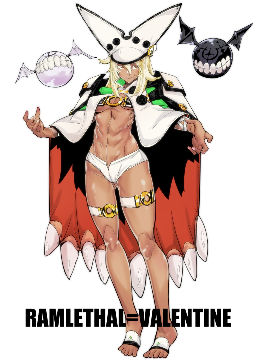1girl abs barefoot beltbra biting breasts cape character_name dark_skin full_body guilty_gear guilty_gear_xrd hair_between_eyes hat highres lip_biting long_legs medium_breasts mr.way navel o-ring orange_eyes platinum_blonde_hair ramlethal_valentine short_shorts shorts slit_pupils solo_focus thigh_strap toes toned under_boob white_shorts