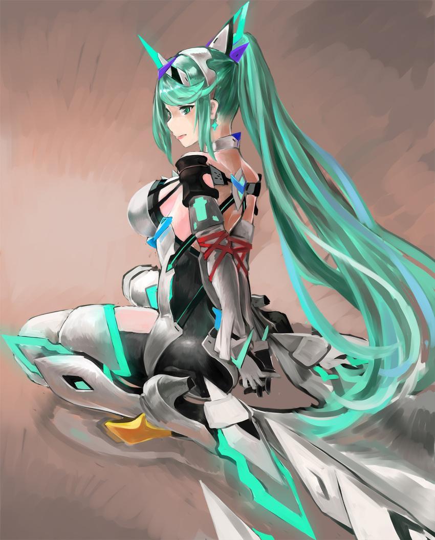 1girl arms_behind_back bound bound_arms breasts earrings from_behind green_eyes green_hair hands_together high_heels highres jewelry large_breasts long_hair pneuma_(xenoblade) ponytail sitting tim_(a9243190a) wariza xenoblade_(series) xenoblade_2