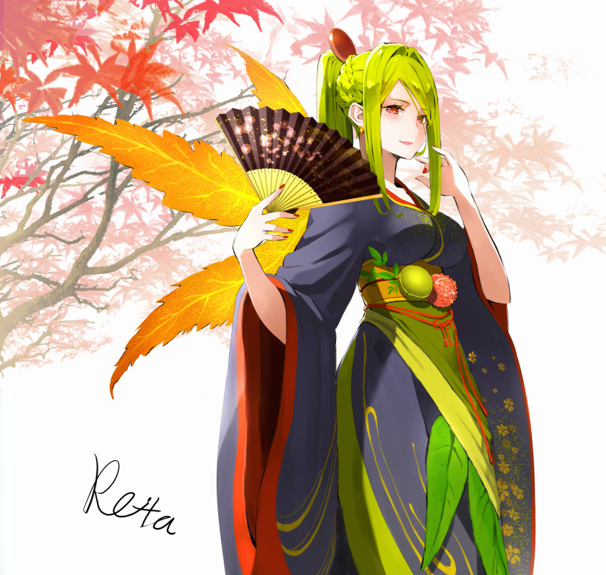 1girl autumn_leaves bangs black_kimono braid breasts closed_mouth commentary_request earrings eyebrows_visible_through_hair fan fingernails floral_print folding_fan green_hair hair_intakes hair_ornament hands_up highres holding holding_fan hoshizaki_reita japanese_clothes jewelry kimono large_breasts leaf long_hair long_sleeves maple_leaf nail_polish obi original parted_bangs personification ponytail print_kimono red_eyes red_nails sash sidelocks signature smile solo tree_branch white_background wide_sleeves